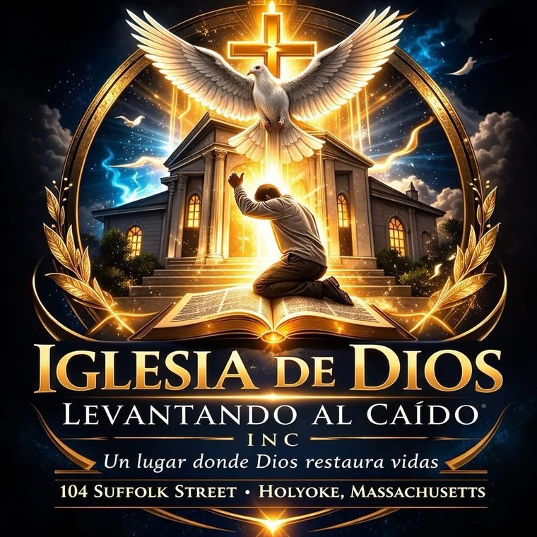 Logo de la Iglesia de Dios Levantando al Caído Inc: una paloma y una cruz sobre la iglesia, un hombre arrodillado sobre una Biblia abierta y el lema «Un lugar donde Dios restaura vidas».